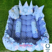 Pink Unique Newborn Baby Round Tub Bedding Set, Reversible Bed Set Cum Mattress with 3 Multi Shape Pillows for Newborn to Toddlers ( Blue& Sky Blue) - Blue & Sky Blue